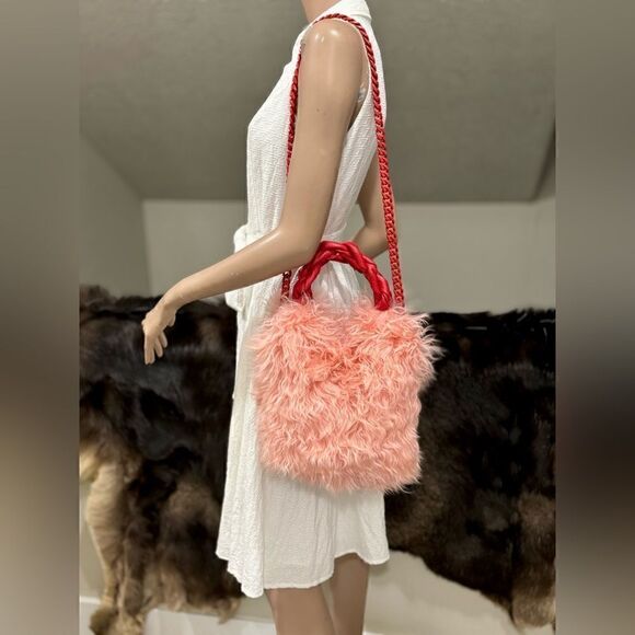 Genuine Curly Lamb Fur Handmade Leather Braided Handles Tote Bag, Crossbody - Picture 5 of 16